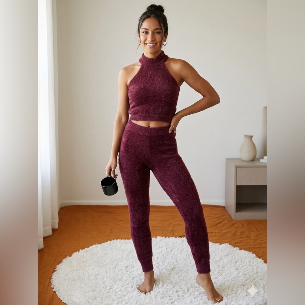 Fuzzy High Neck and Legging Set Wine size small
